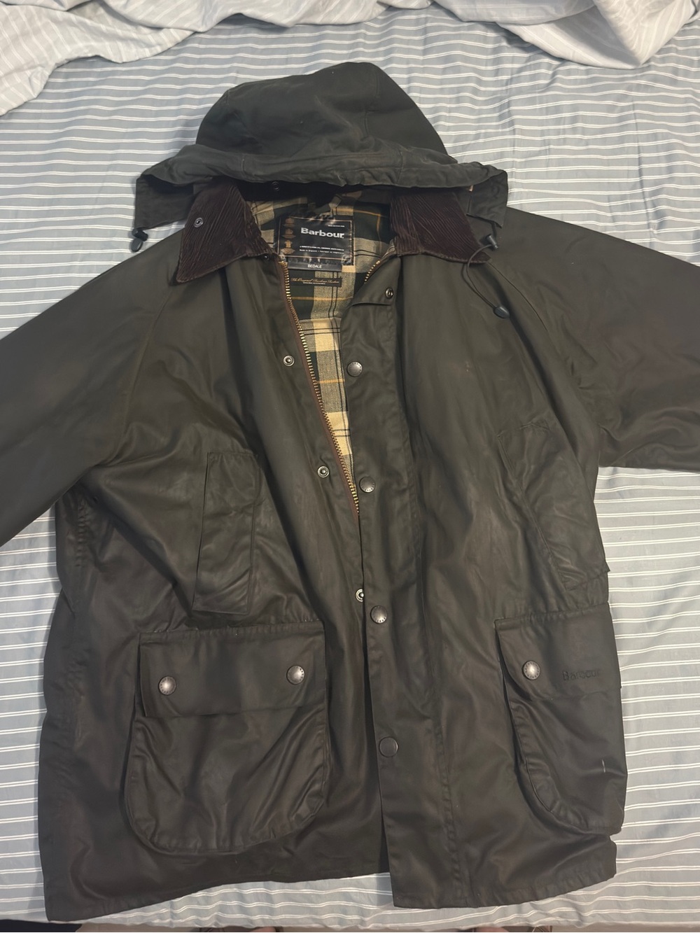 Men’s Barbour Bedale Sage Hooded Waxed Cotton Field Jacket size 46